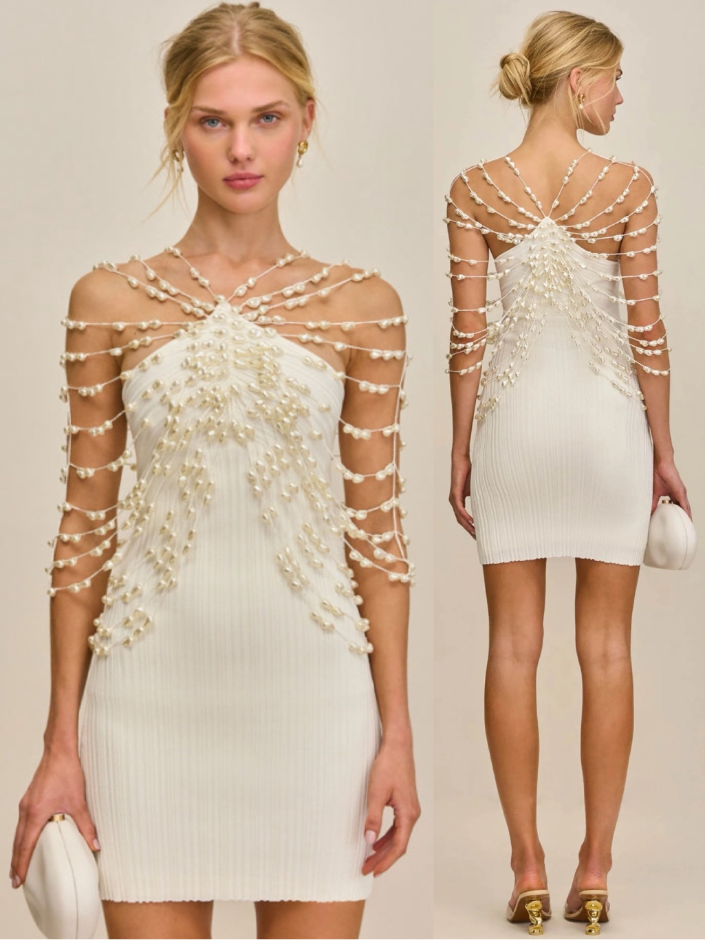 Cult Gaia Oliviana Faux Pearl Adorned Knit Mini Dress Off White